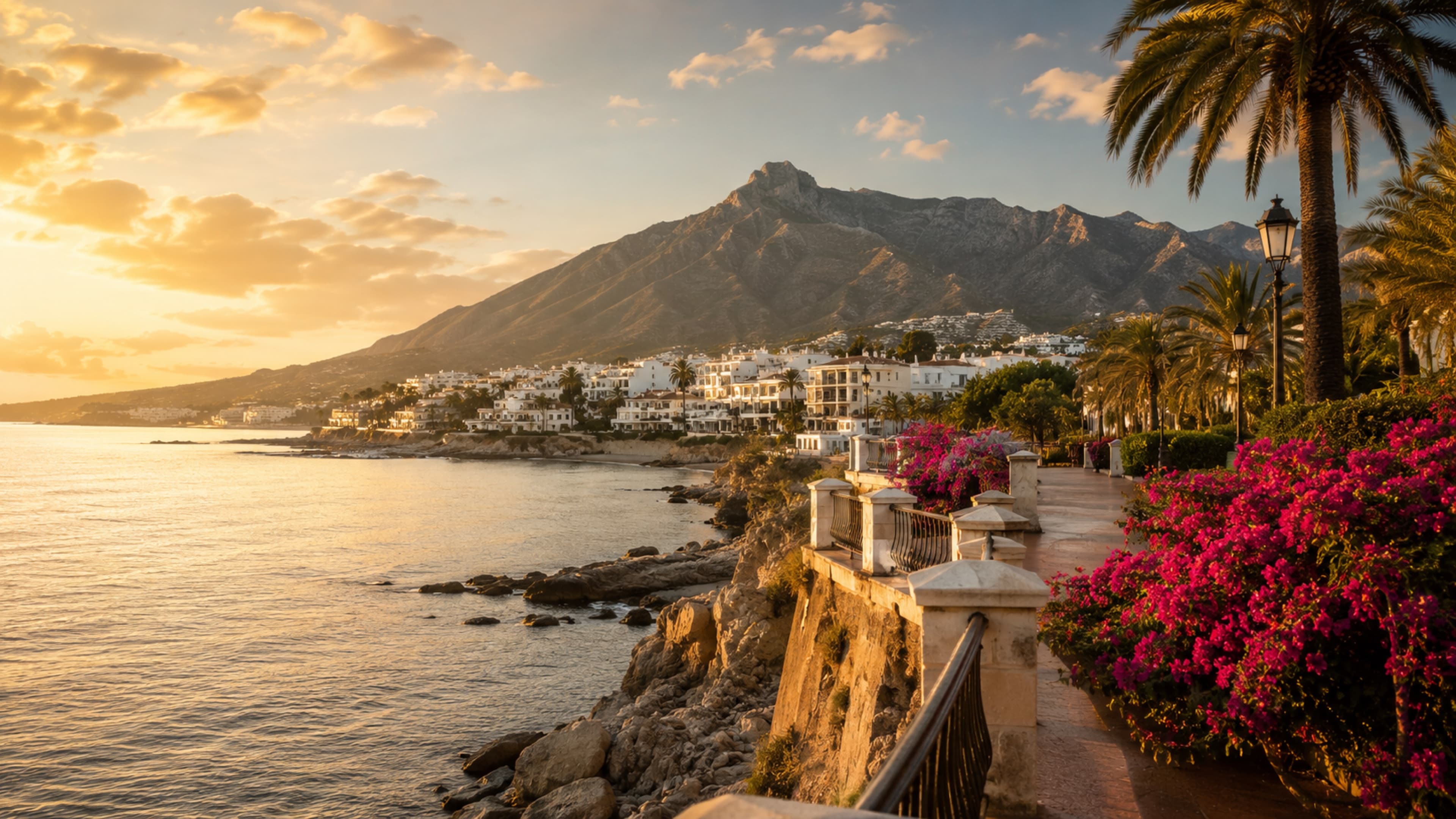 Marbella al atardecer: el paseo marítimo, el mar y la montaña de La Concha